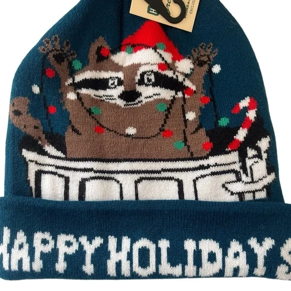 Books-A-Million Happy Holidays raccoon trash can winter beanie acrylic - Picture 3 of 9
